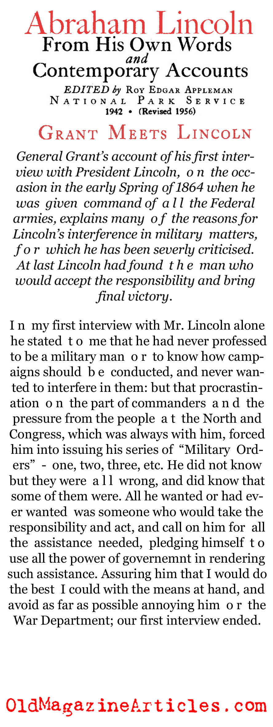 General Grant Recalled Meeting Lincoln (National Park Service, 1956)