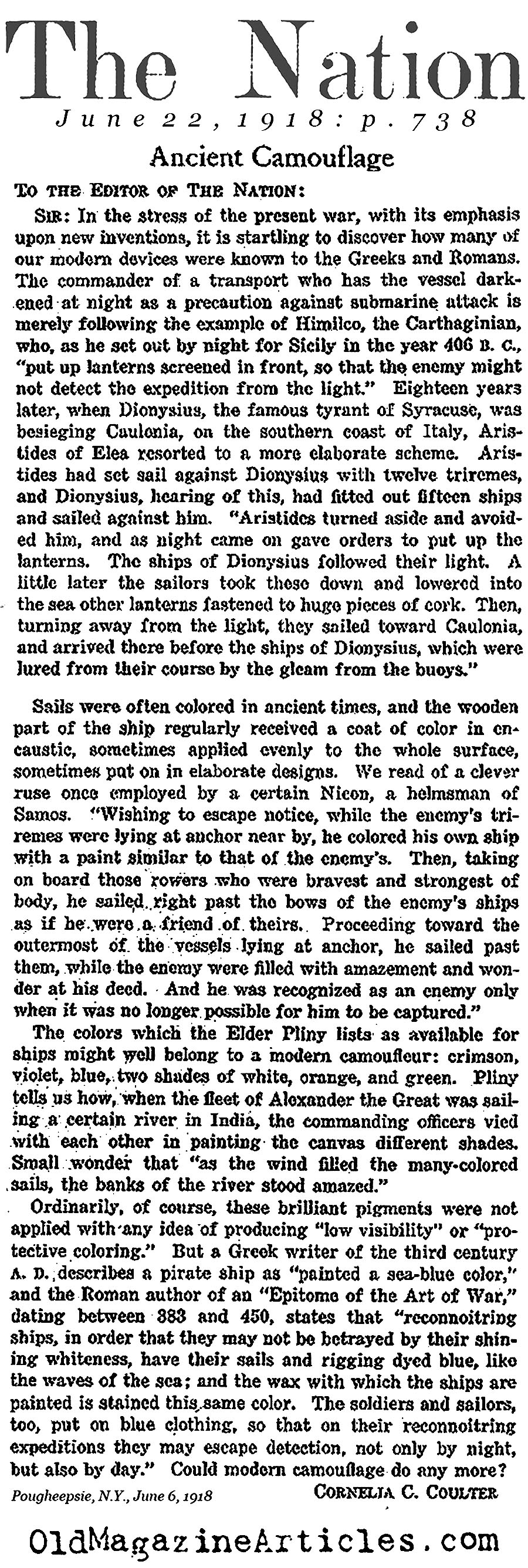 Camouflage: An Invention from Ancient Warfare (The Nation, 1918)