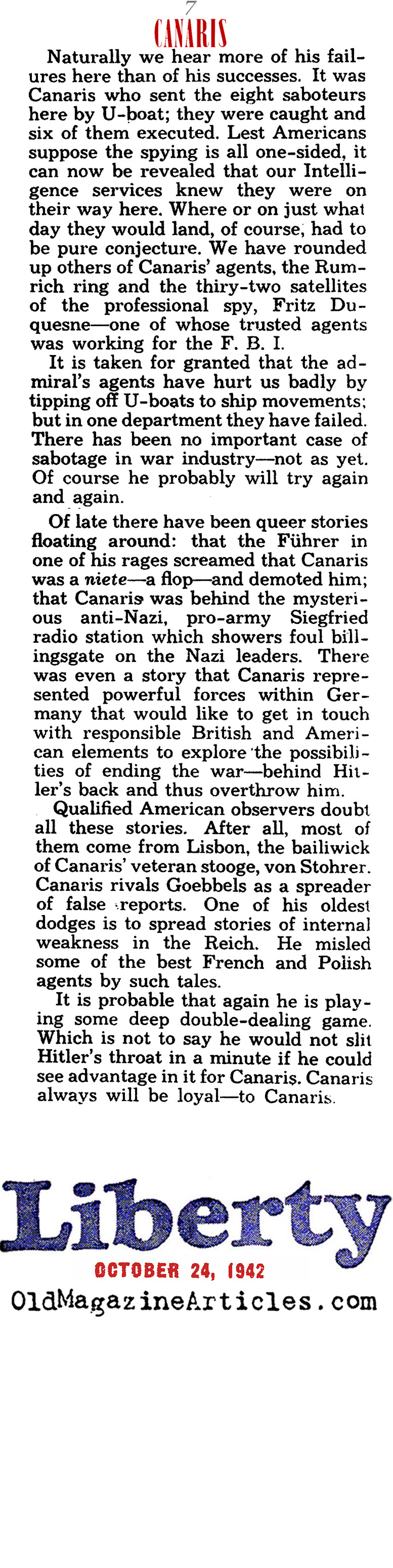 Nazi Spy Master (Liberty Magazine, 1942)