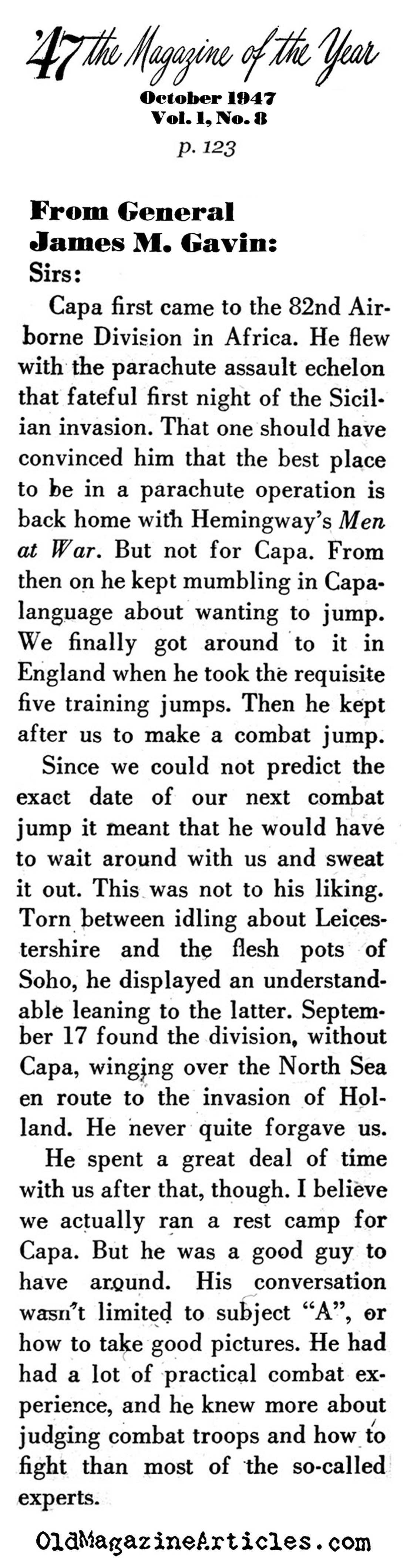 General James Gavin Remembered Robert Capa ('47 Magazine, 1947)