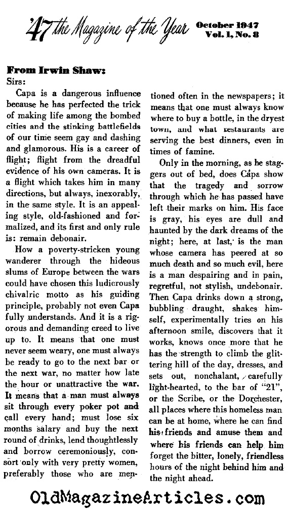 Irwin Shaw Recalled Combat Photographer<BR>Robert Capa ('47 Magazine, 1947)