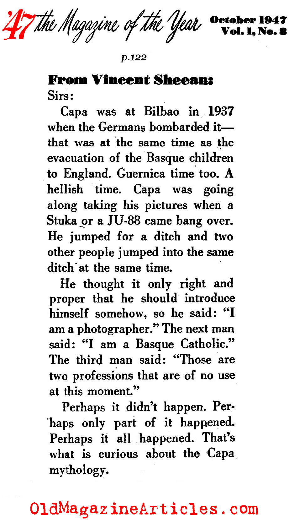 Vincent Sheean Covered the Spanish Civil War Alongside Robert Capa ('47 Magazine, 1947)