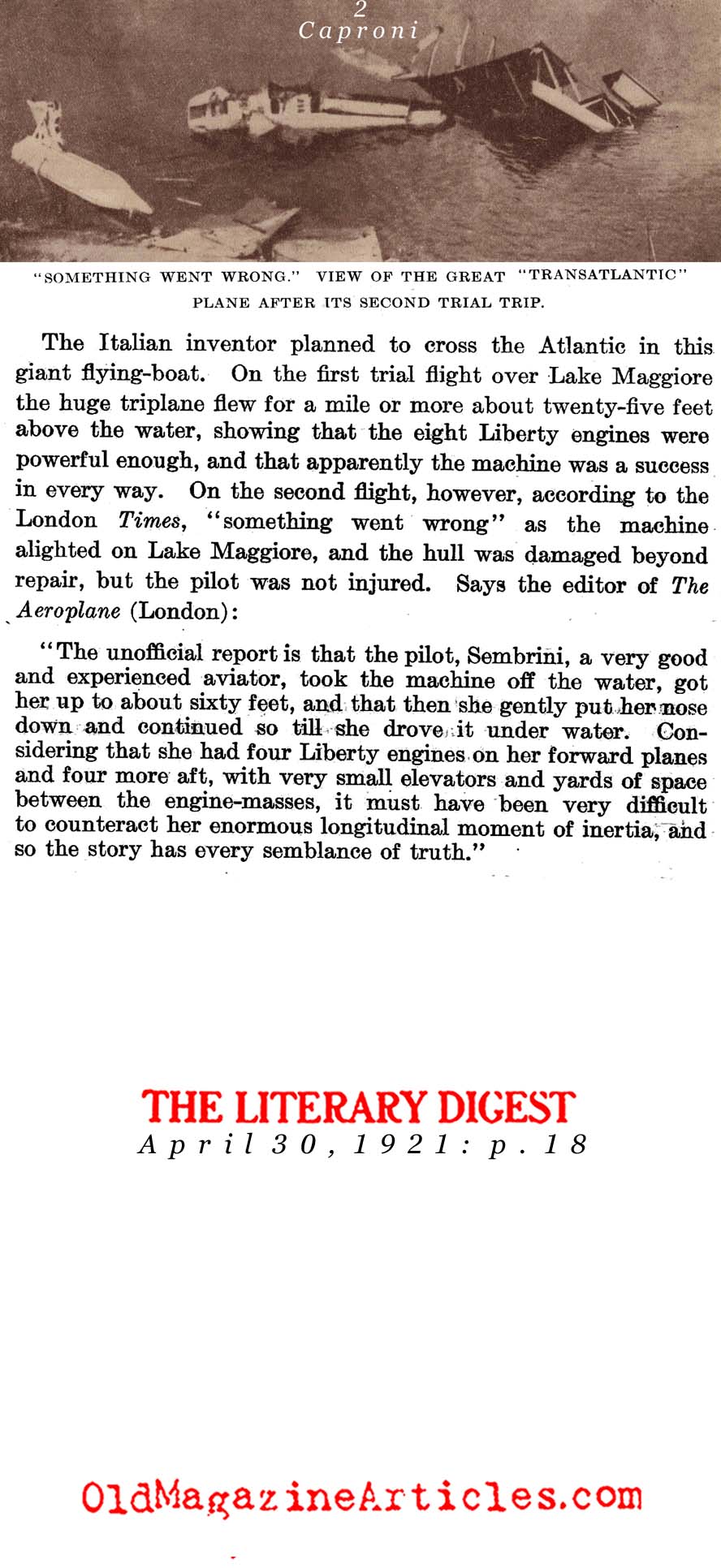 ''The Wreck of the Word's Largest Plane'' (Literary Digest, 1921)