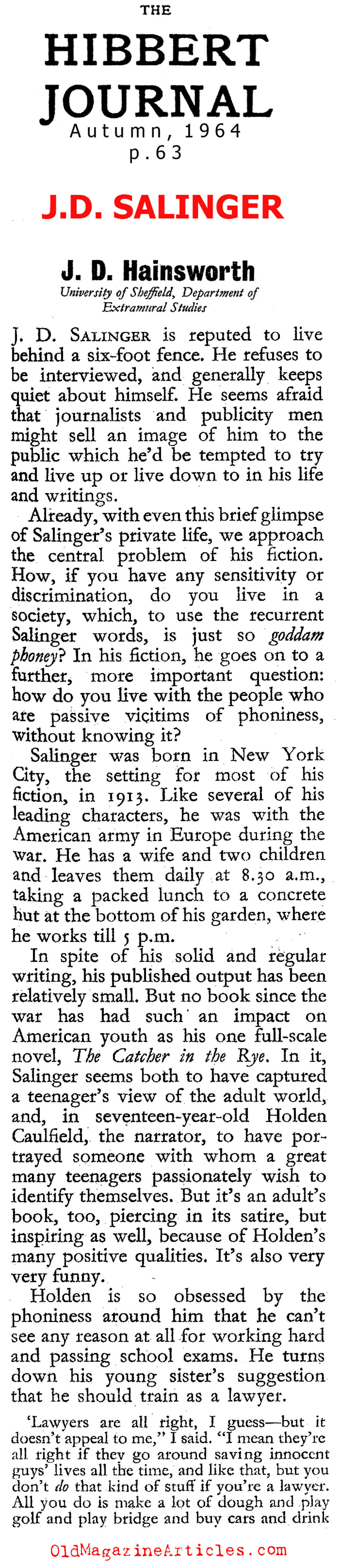 The Work of J.D. Salinger (The Hibbert Journal, 1964)