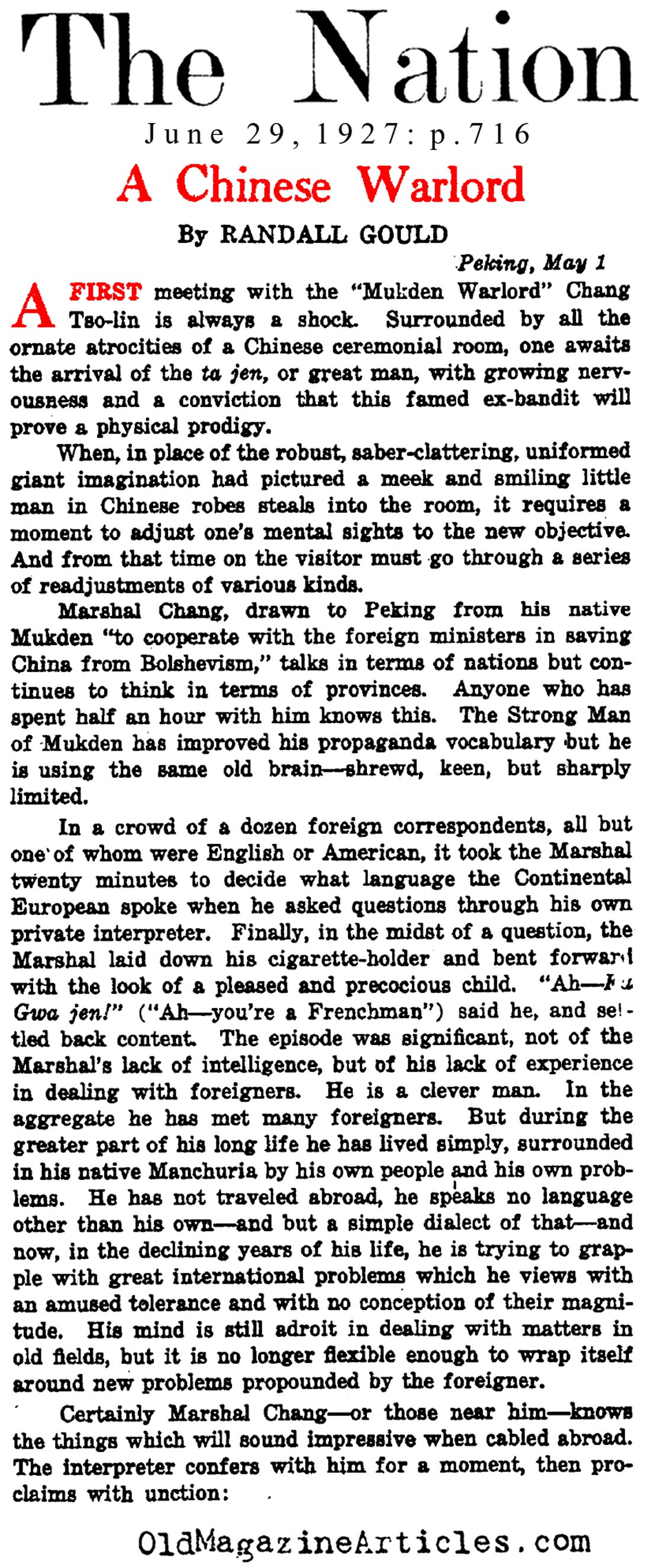Zhang Zuolin: Chinese Strong Man  (The Nation, 1927)