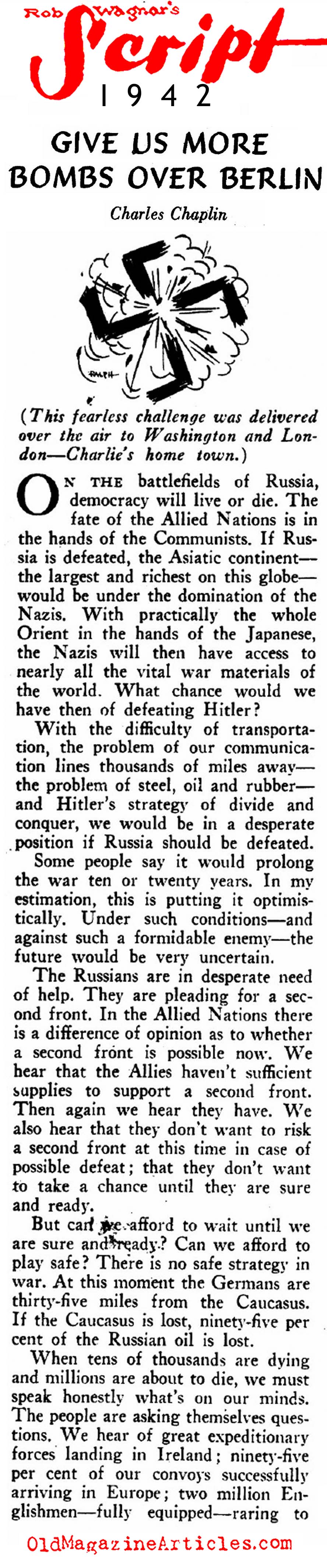 Charlie Chaplin W.W. II Radio Address (Rob Wagner's Script Magazine, 1942)