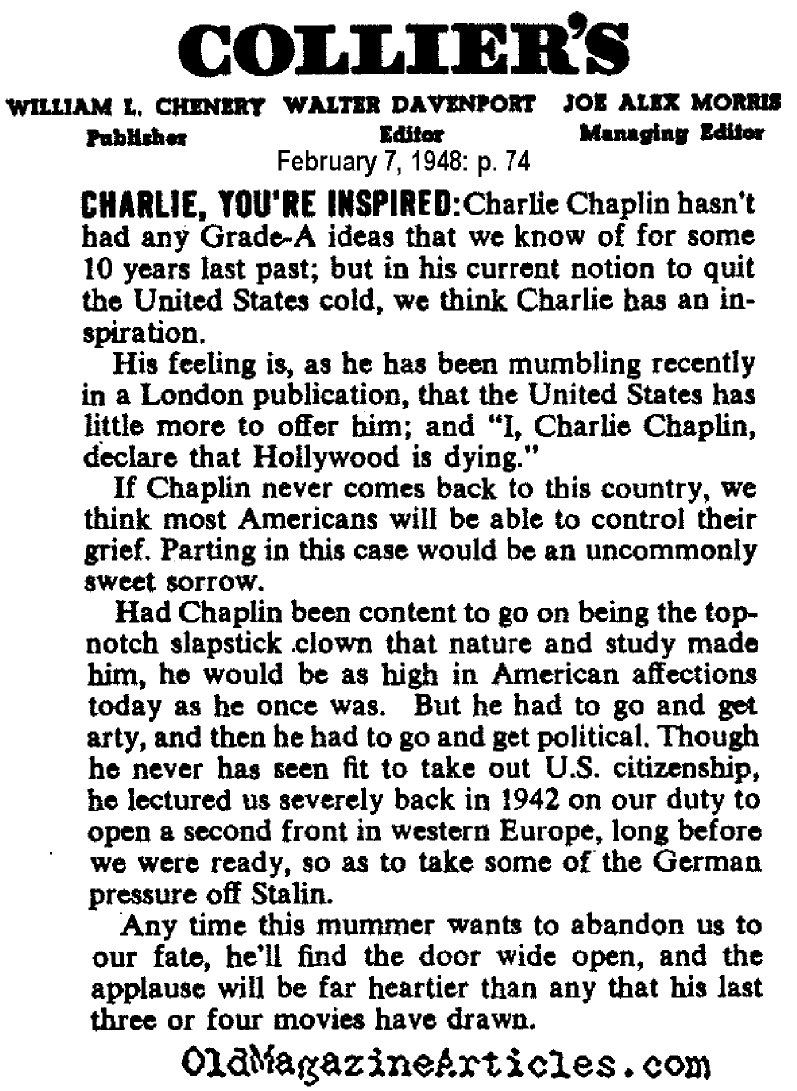 Charlie Chaplin Snubs Hollywood and Departs (Collier's Magazine, 1948)