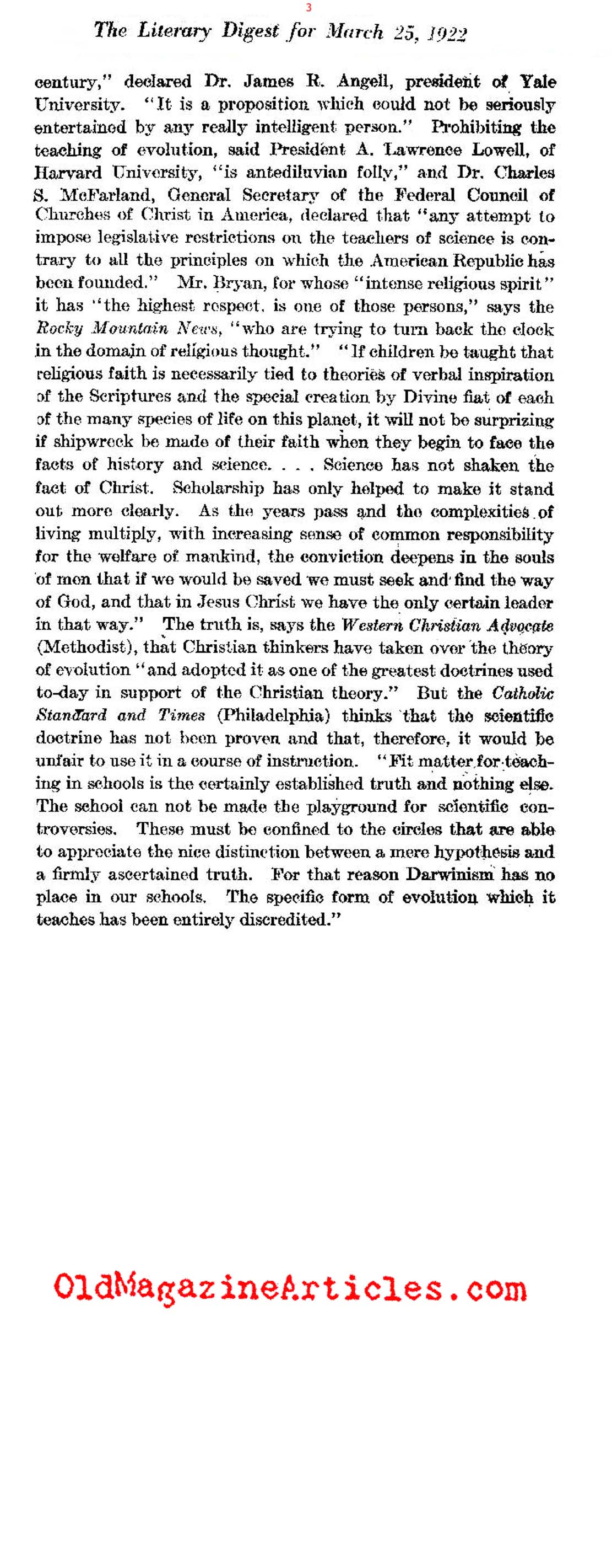 Charles Darwin in the Schools  (The Literary Digest, 1922)