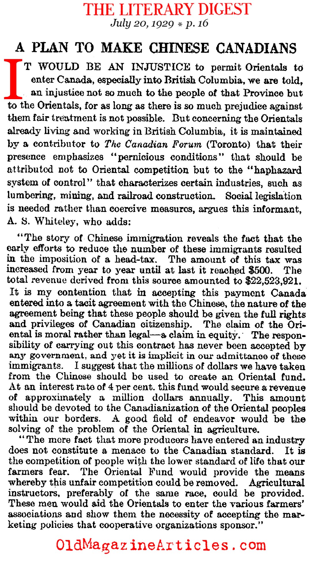 ''A Plan to Make Chinese Canadians'' (Literary Digest, 1929)