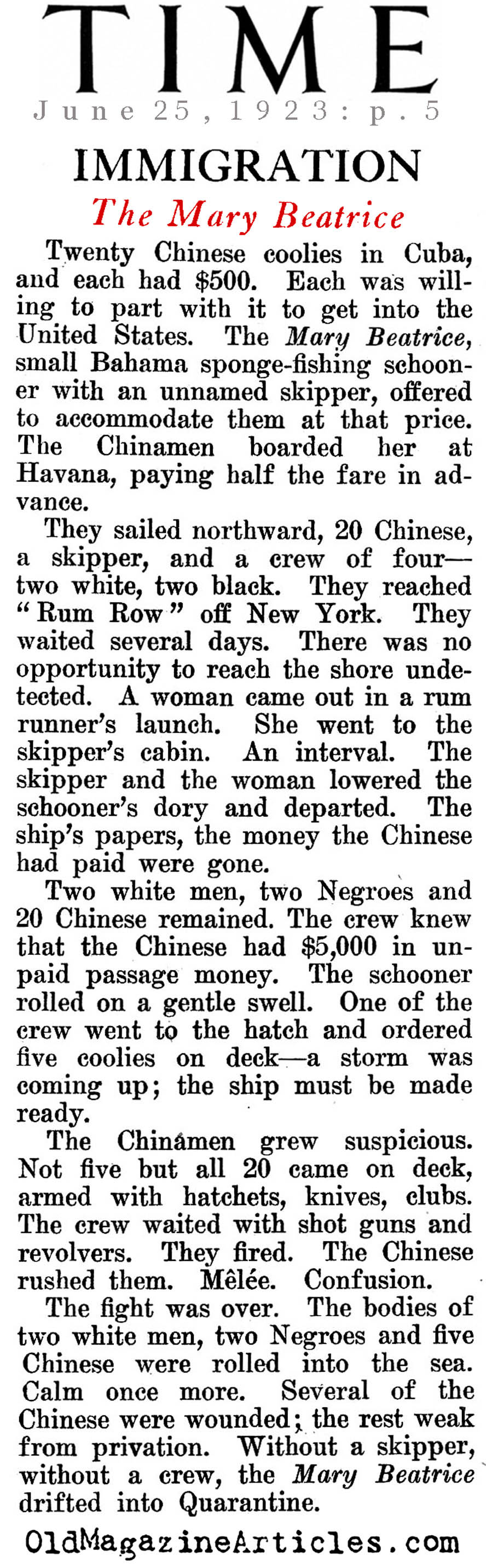 Chinese Migration and Law (Time Magazine, 1923)