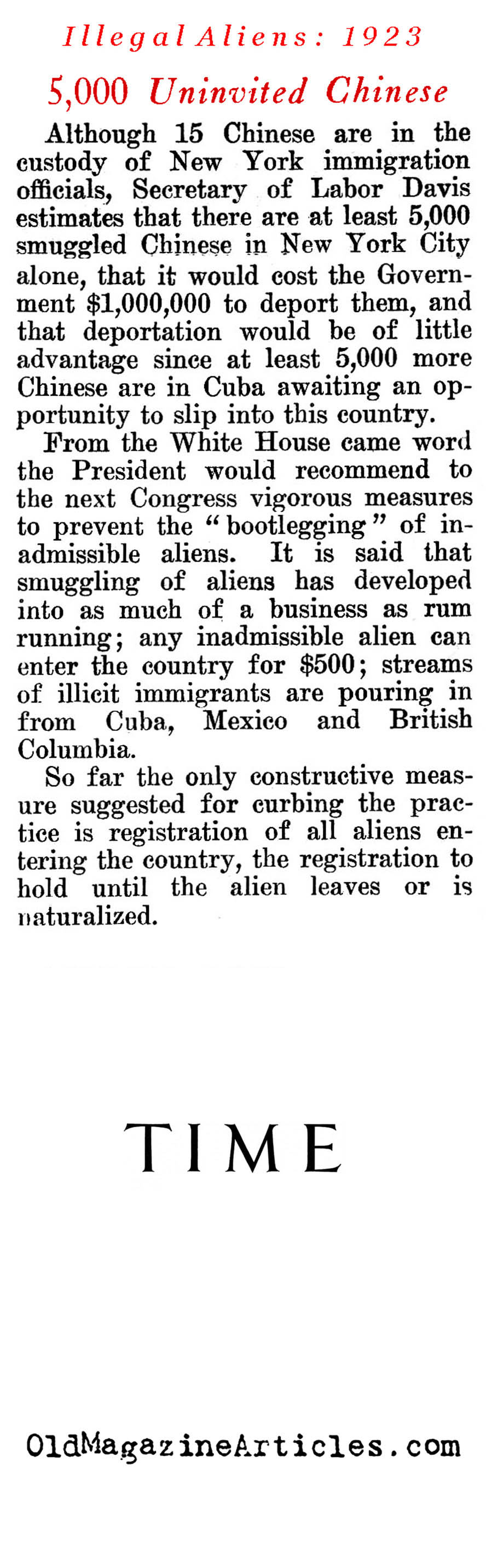 Chinese Migration and Law (Time Magazine, 1923)