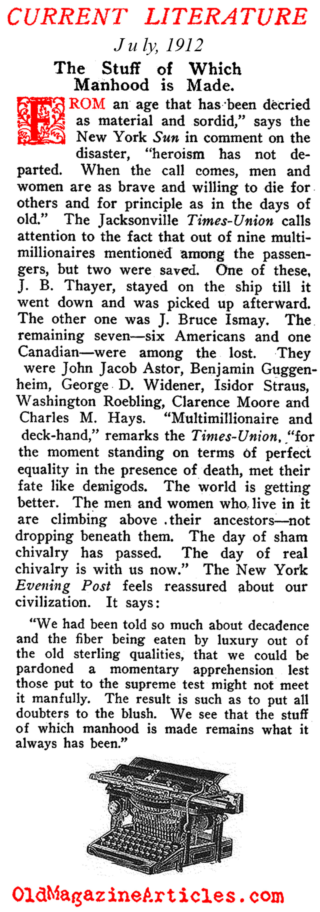 Edwardian Chivalry Upheld as <em>Titanic</em> Went Under (Current Literature, 1912)