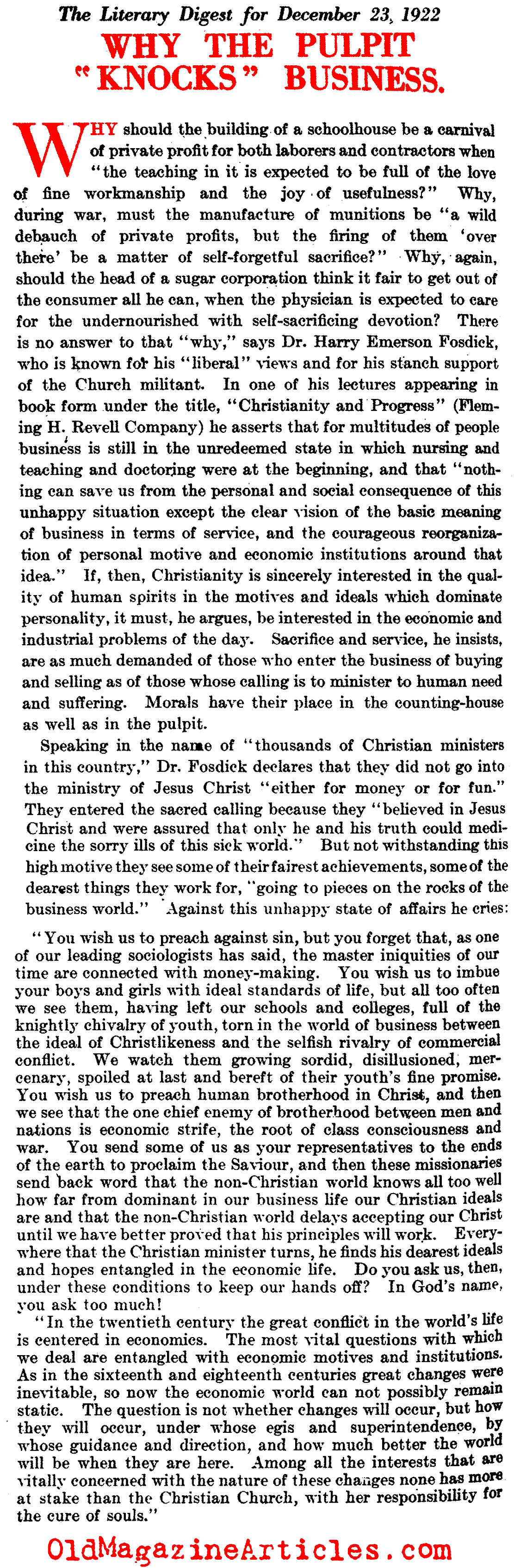 Dr. Fosdick's Brand of Liberation Theology   (The Literary Digest, 1922)