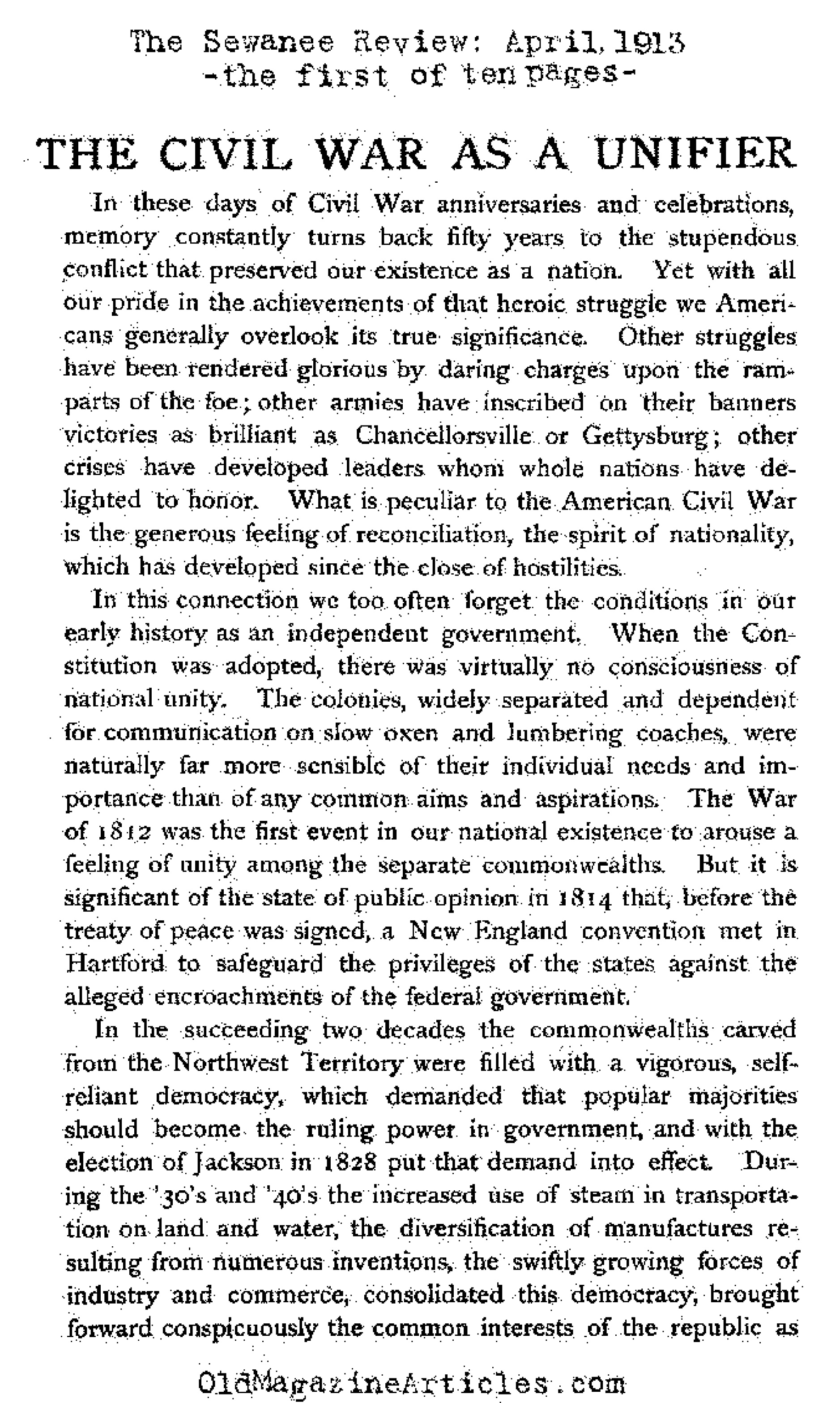 The American Civil War and the Unity it Created (The Sewanee Review, 1913)