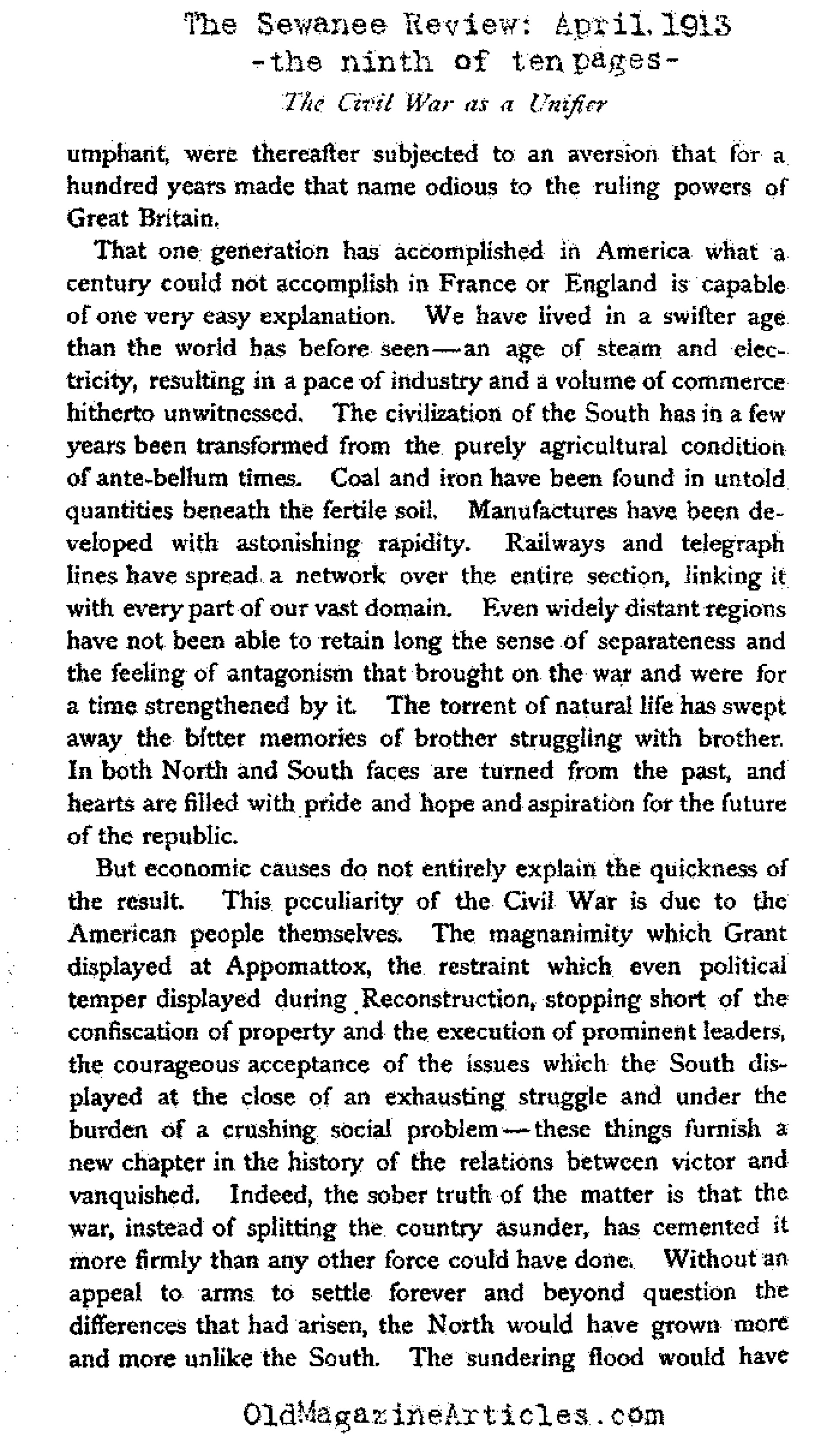 The American Civil War and the Unity it Created (The Sewanee Review, 1913)