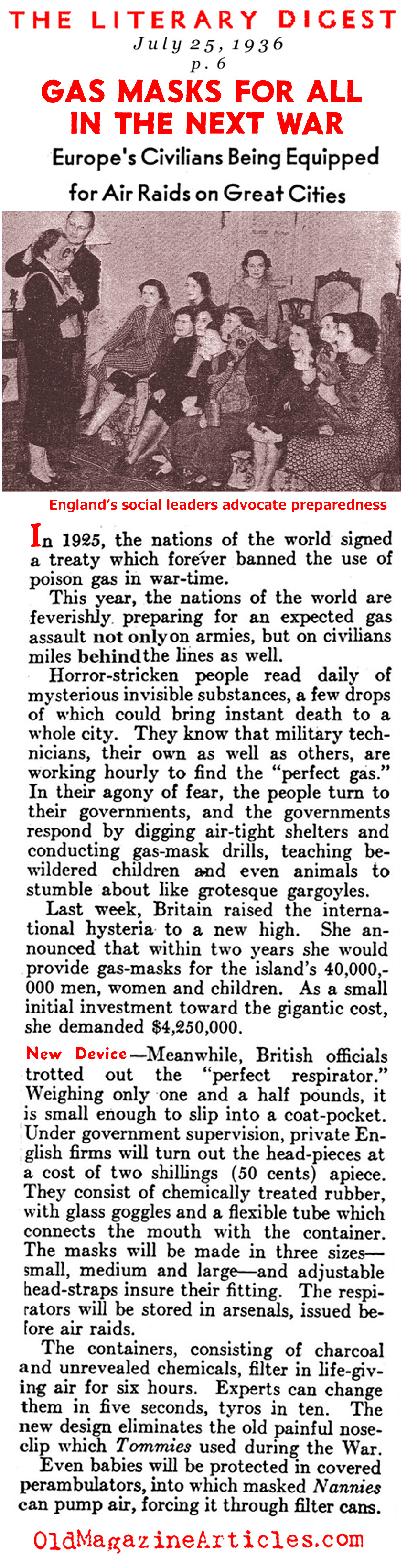 British Civilians Trained to Use Gas Masks (The Literary Digest, 1936)