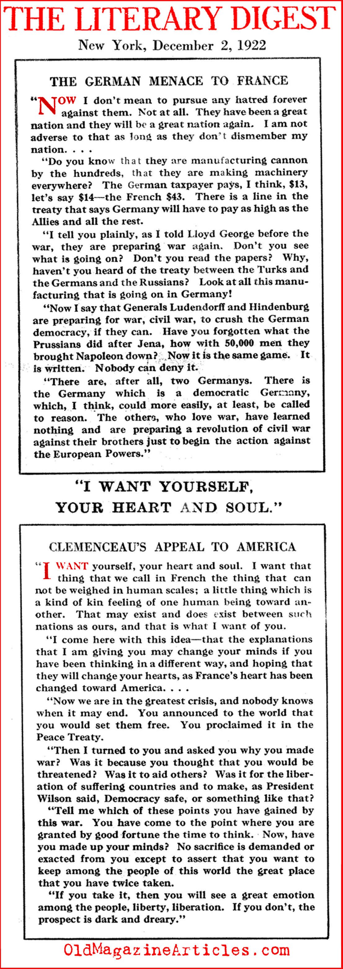 Clemenceau  and the Treaty Violations   (The Literary Digest, 1922)