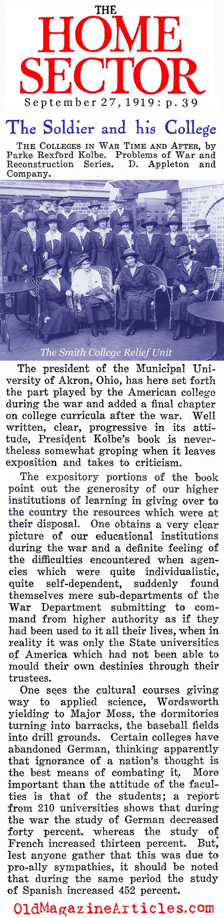 American Colleges During W.W. I (Home Sector, 1919)