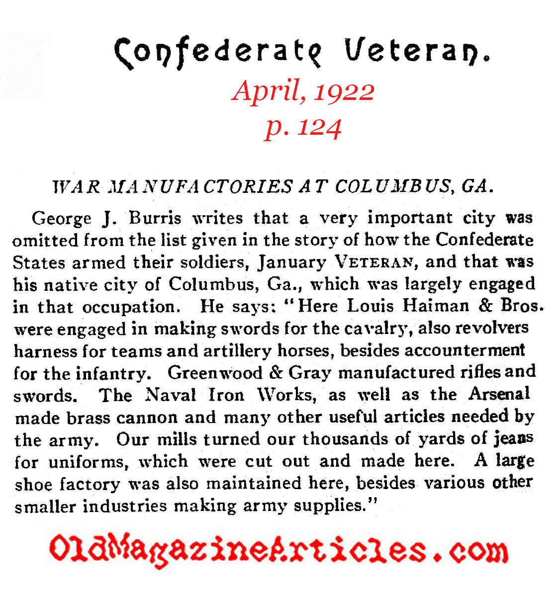An Important Factory Town in the South<BR>(Confederate Veteran Magazine, 1922)