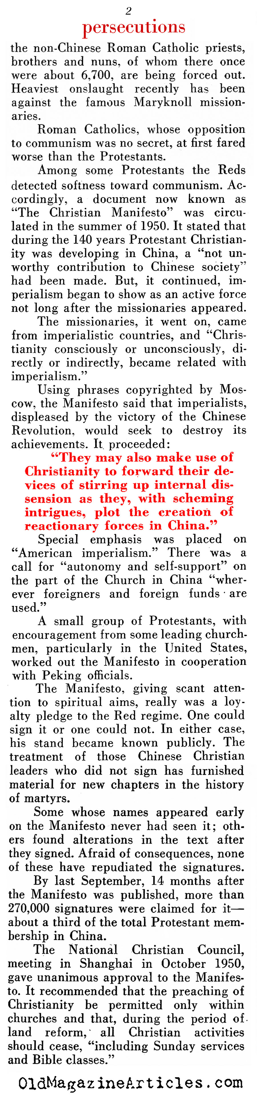 The Lot of Chinese Christians (Pathfinder Magazine, 1952)