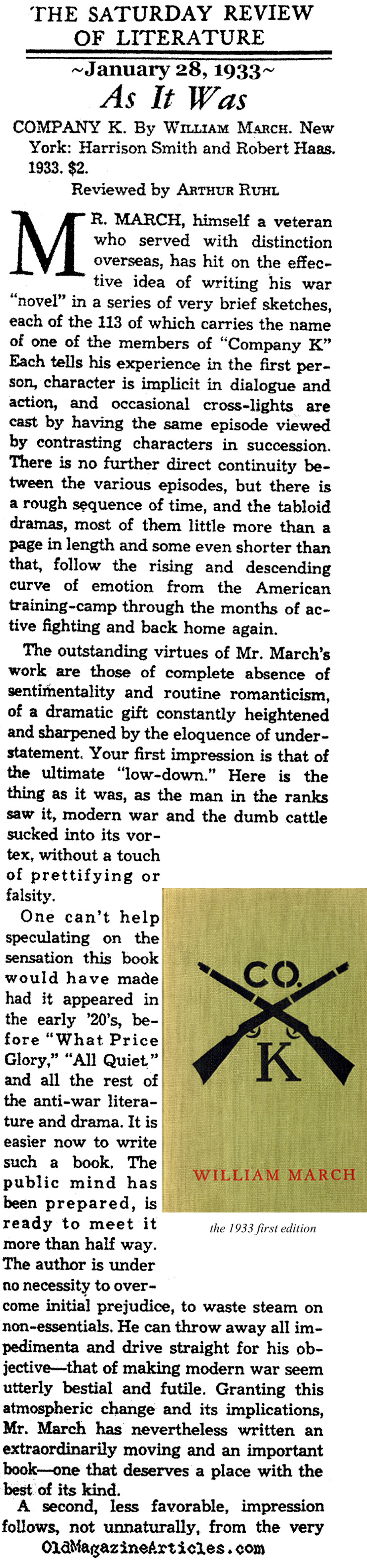''Company K'' by William March (Saturday Review of Literature, 1933)