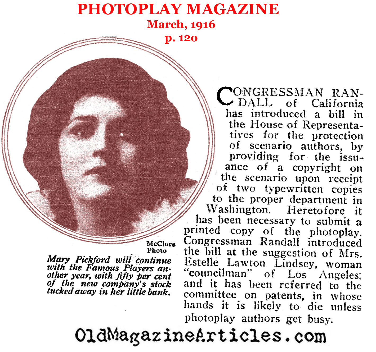 Anti-Plagerism Legislation Introduced (Photoplay Magazine, 1916)