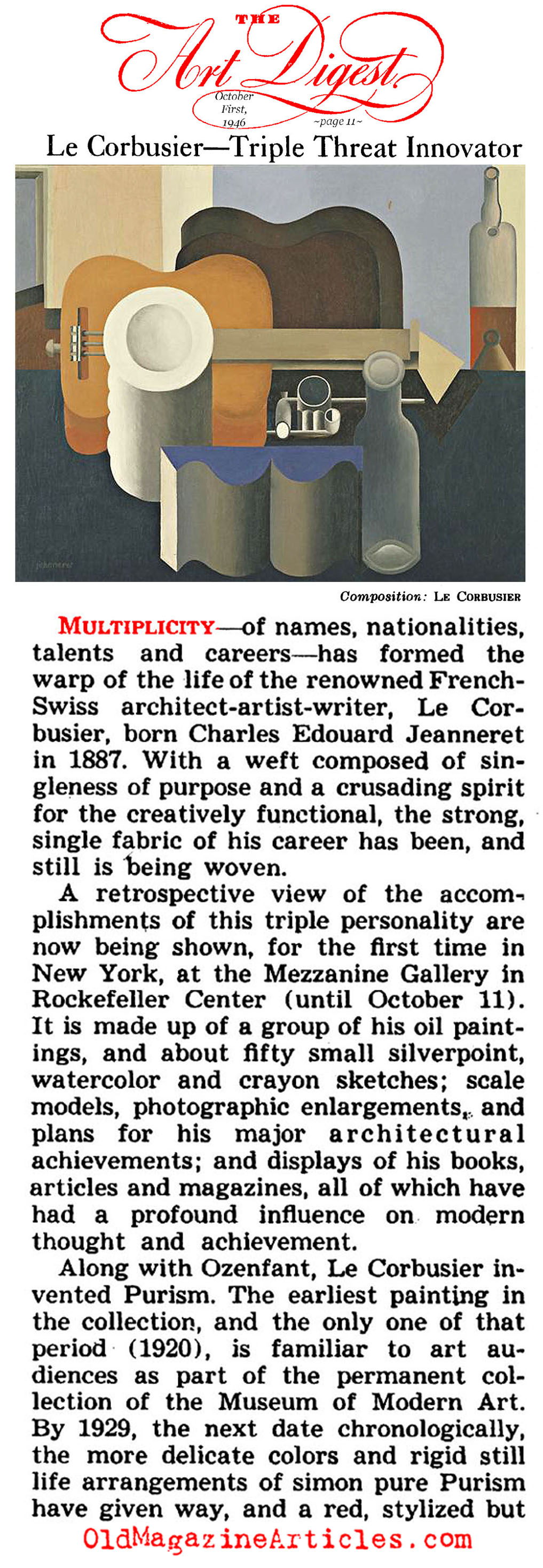 New York Exhibit for Le Corbusier (Art Digest Magazine, 1946)