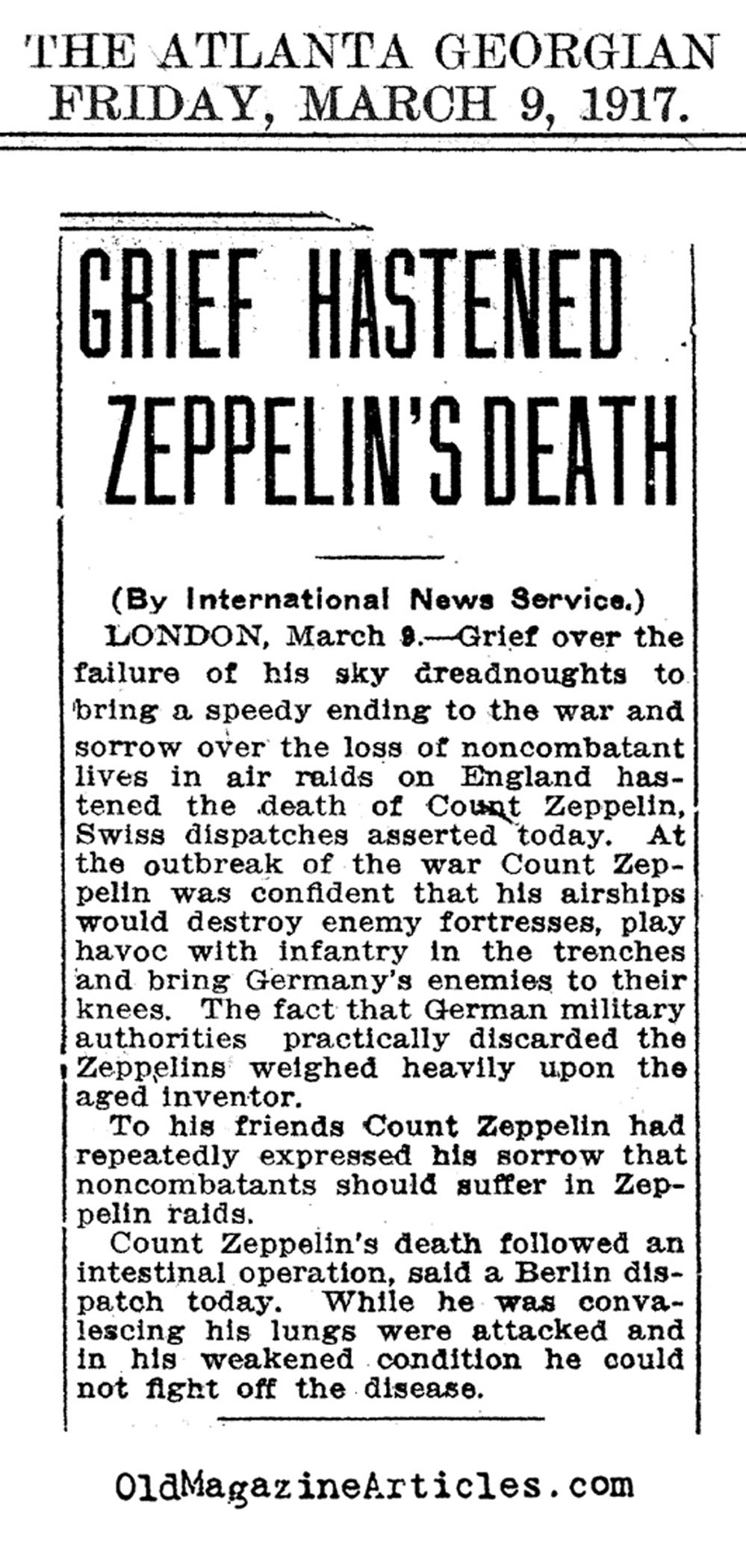 Count Von Zeppelin Dies  (The Atlanta Georgian, 1917)