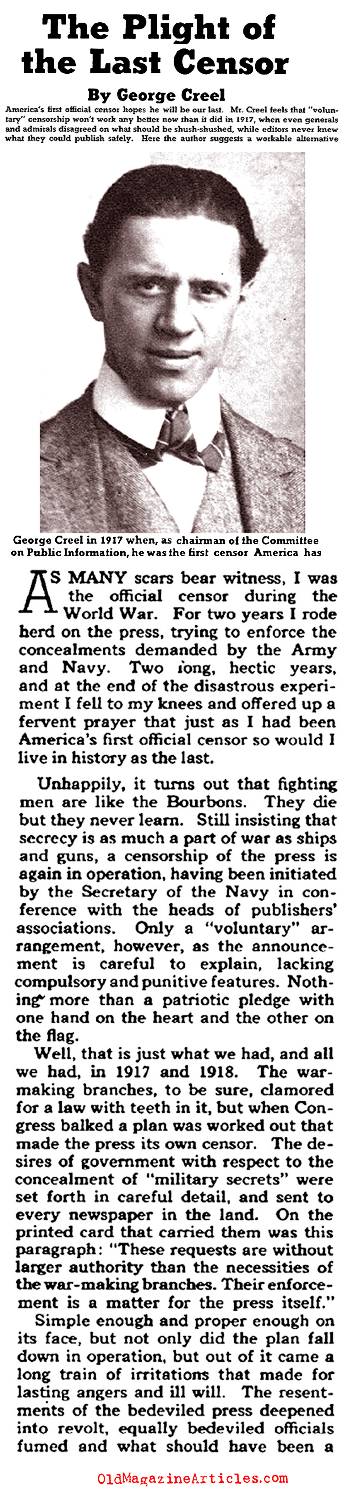 The Failures of W.W. I American Press Censorship (Collier's Magazine, 1941)