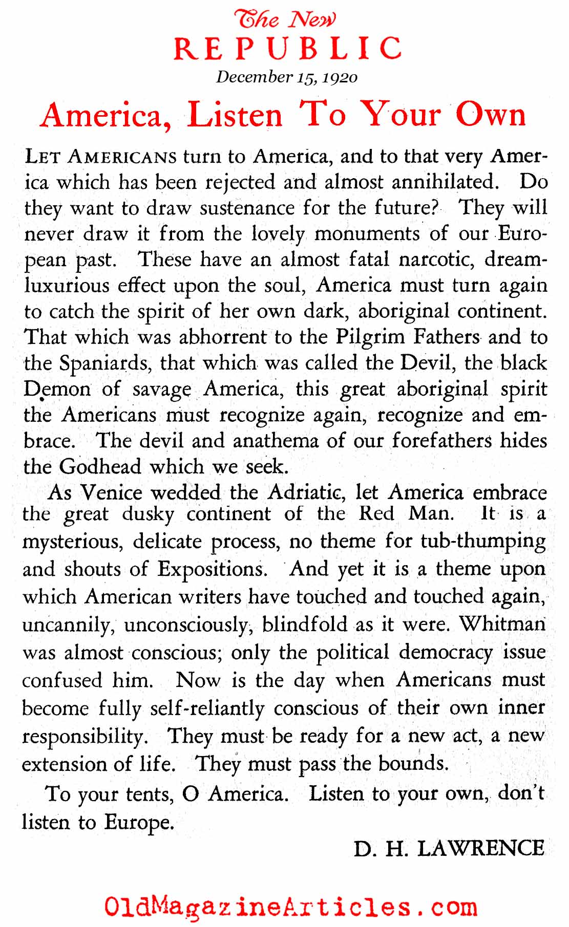 ''Don't Listen to Europe'' (The New Republic, 1922)