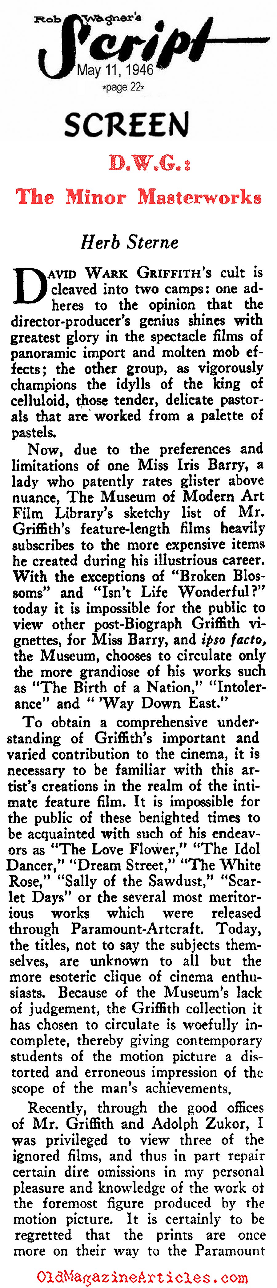 D.W. Griffith: His Minor Masterworks (Rob Wagner's Script, 1946)