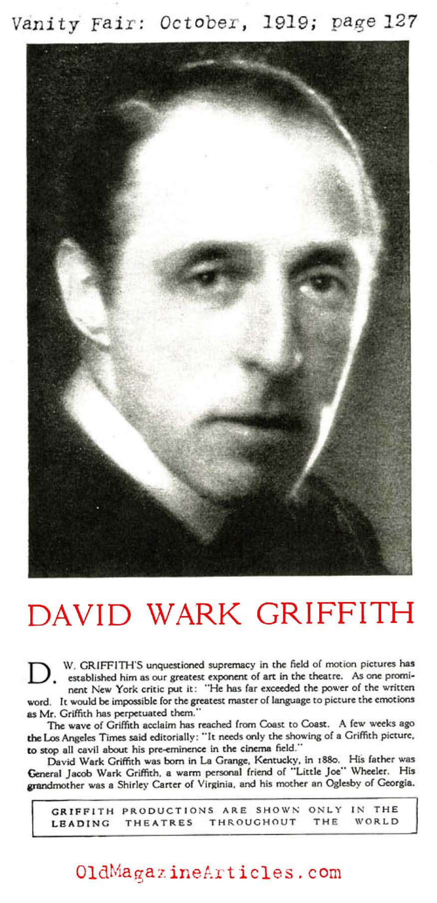 Publicity Spot for D.W. Griffith (Vanity Fair, 1919)