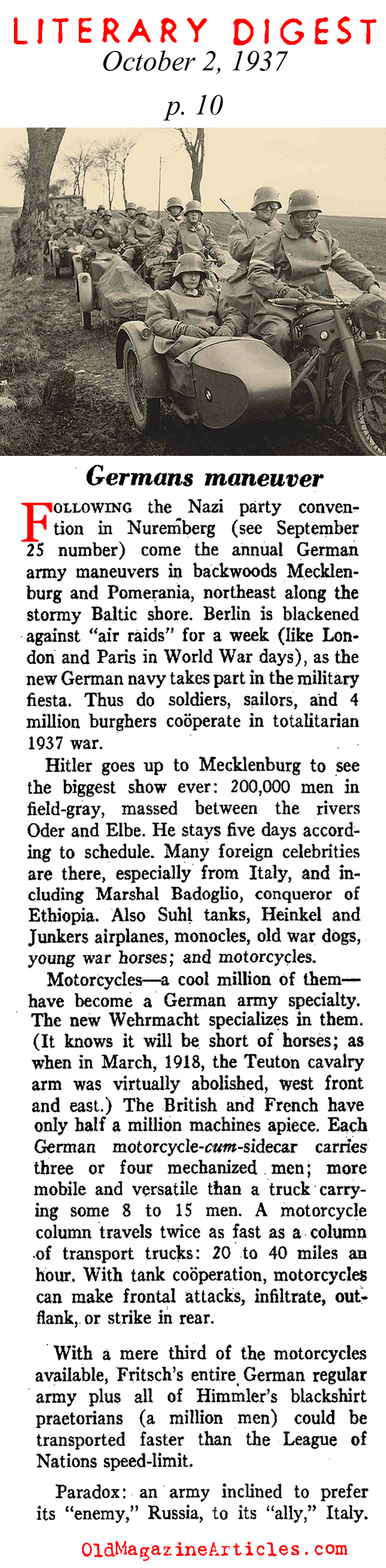 Preparing for War with Motorcycles (Literary Digest, 1937)