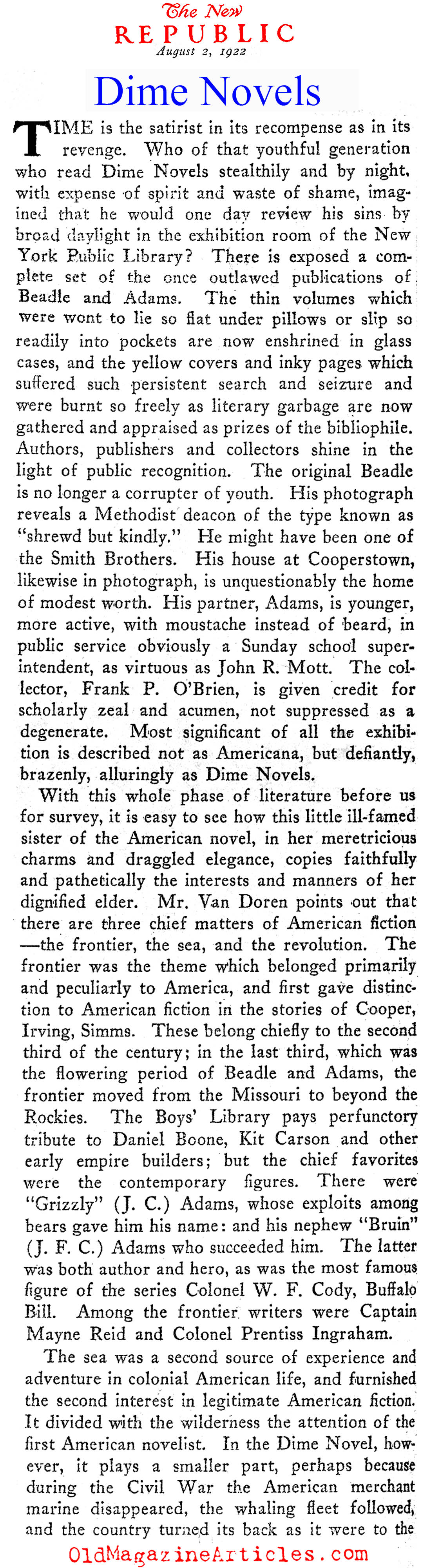 NY Public Library Exhibits Dime Novels (The New Republic, 1922)