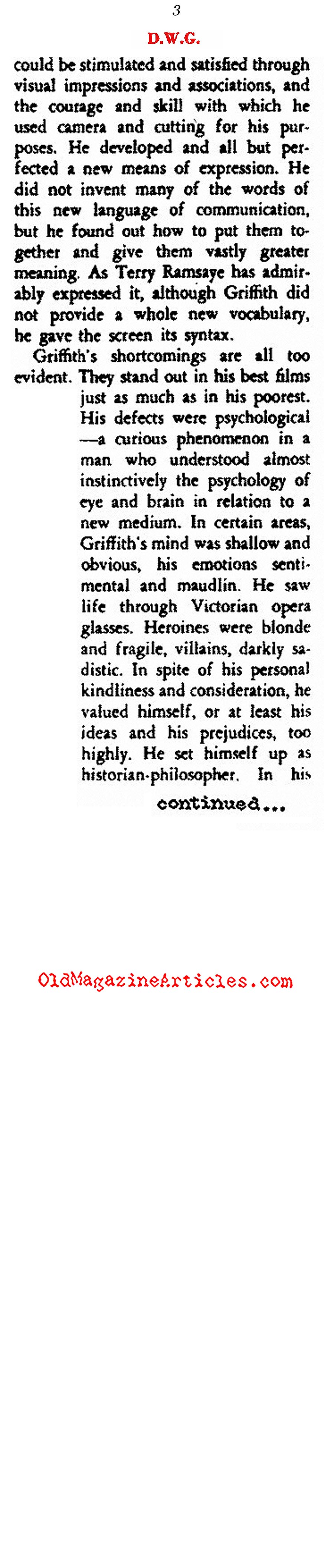 Back-Handed Compliments for D.W. Griffith (Rob Wagner's Script Magazine, 1948)