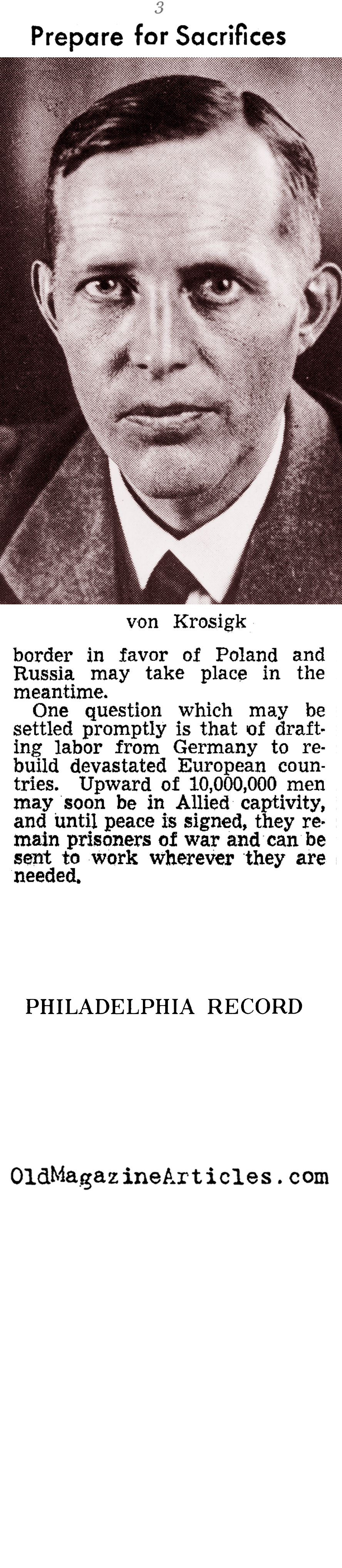 Doenitz' Aid Warns of Hardships (Philadelphia Record, 1945)