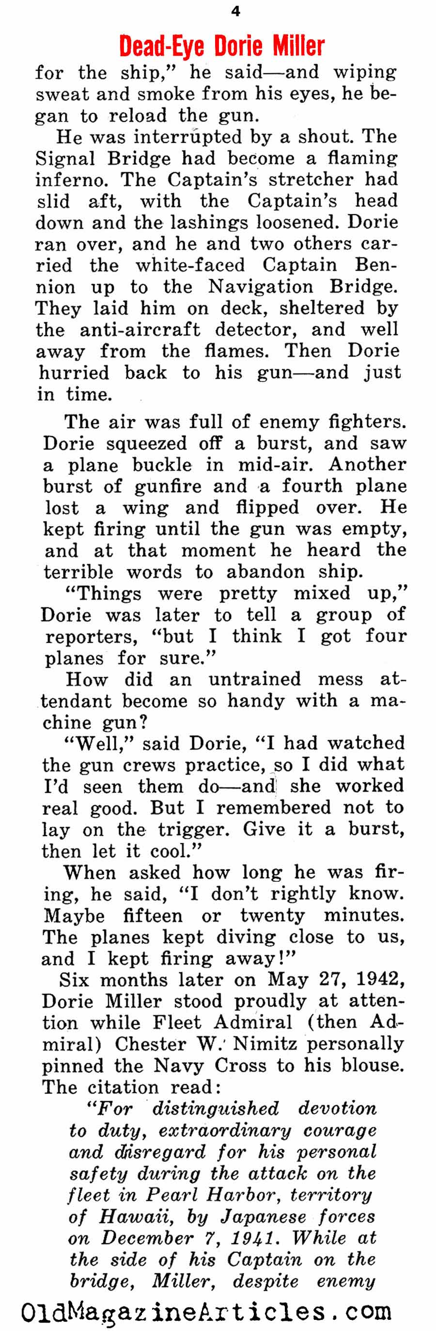 Dorie Miller at Pearl Harbor  (Bluebook Magazine, 1962)