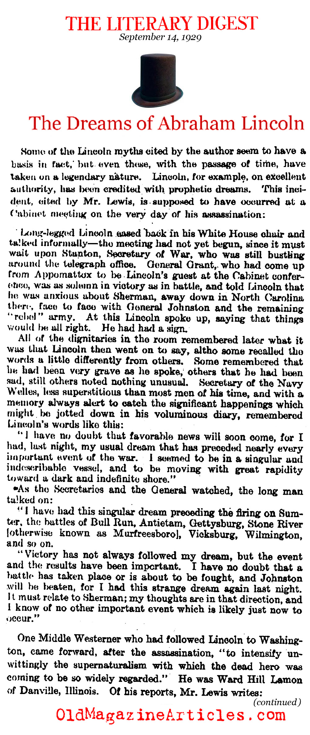 The Prophetic Dreams of Abraham Lincoln (Literary Digest, 1929)