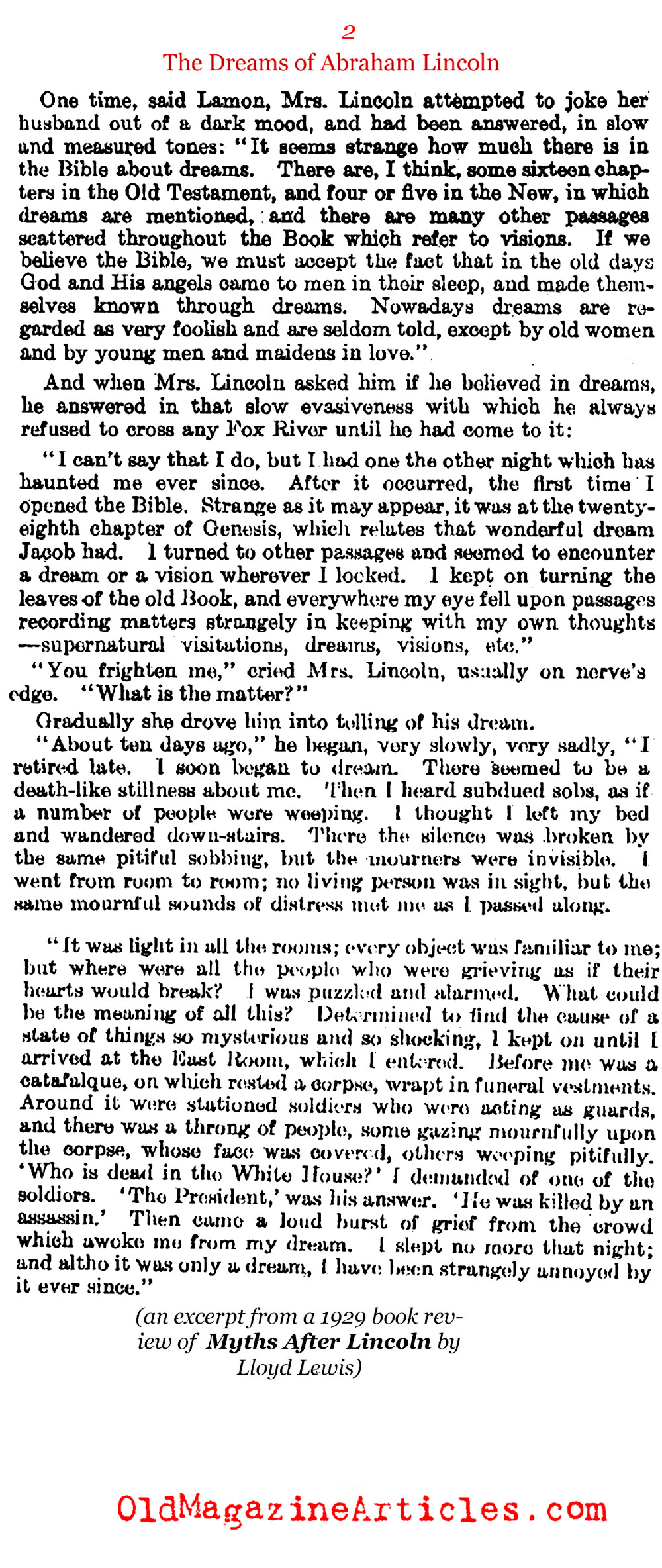 The Prophetic Dreams of Abraham Lincoln (Literary Digest, 1929)