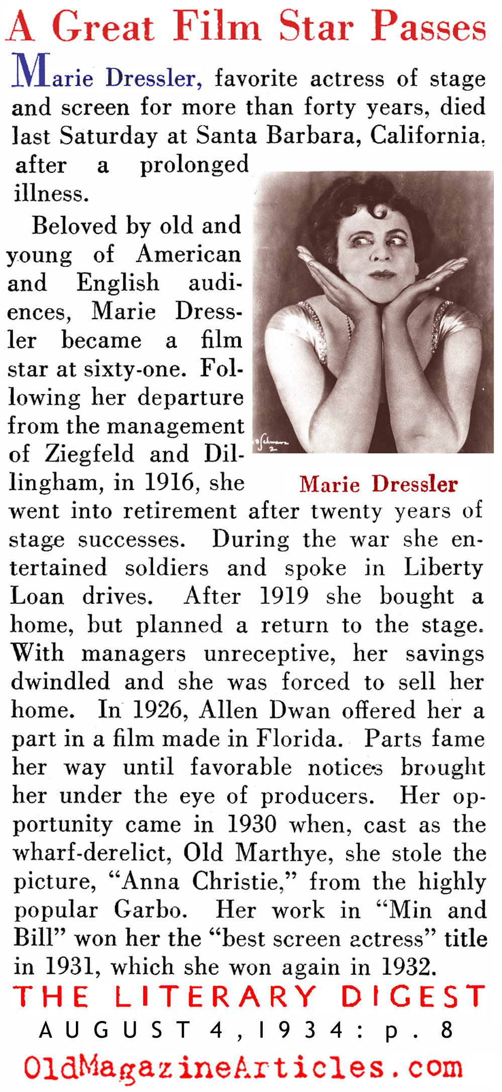 Marie Dressler Succumbs (Literary Digest, 1934)
