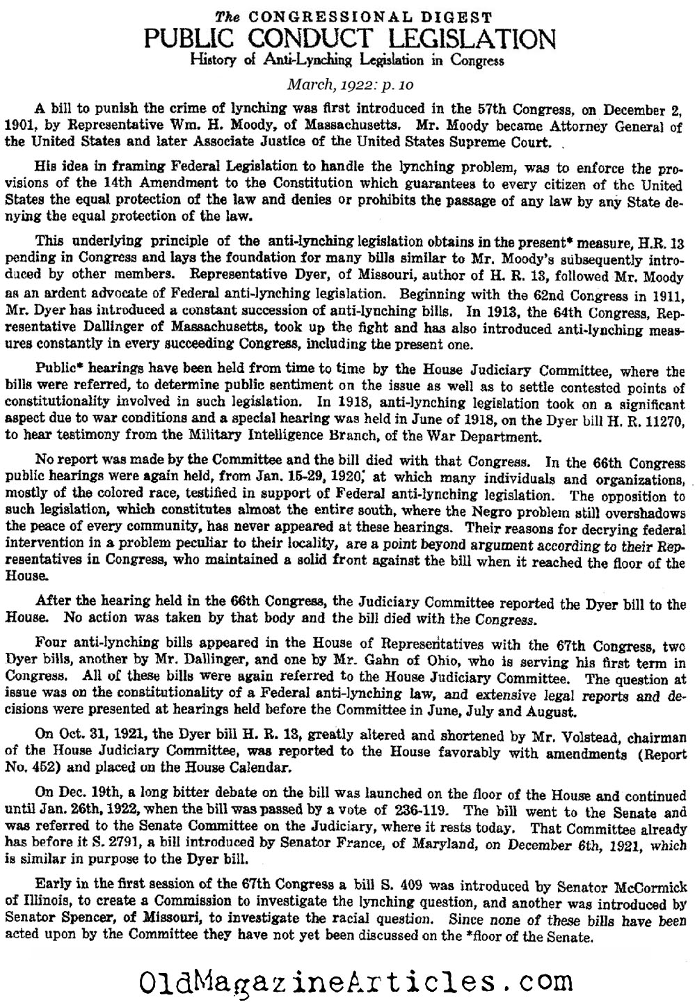 Anti-Lynching Law Debated in Congress (Congressional Digest, 1922)