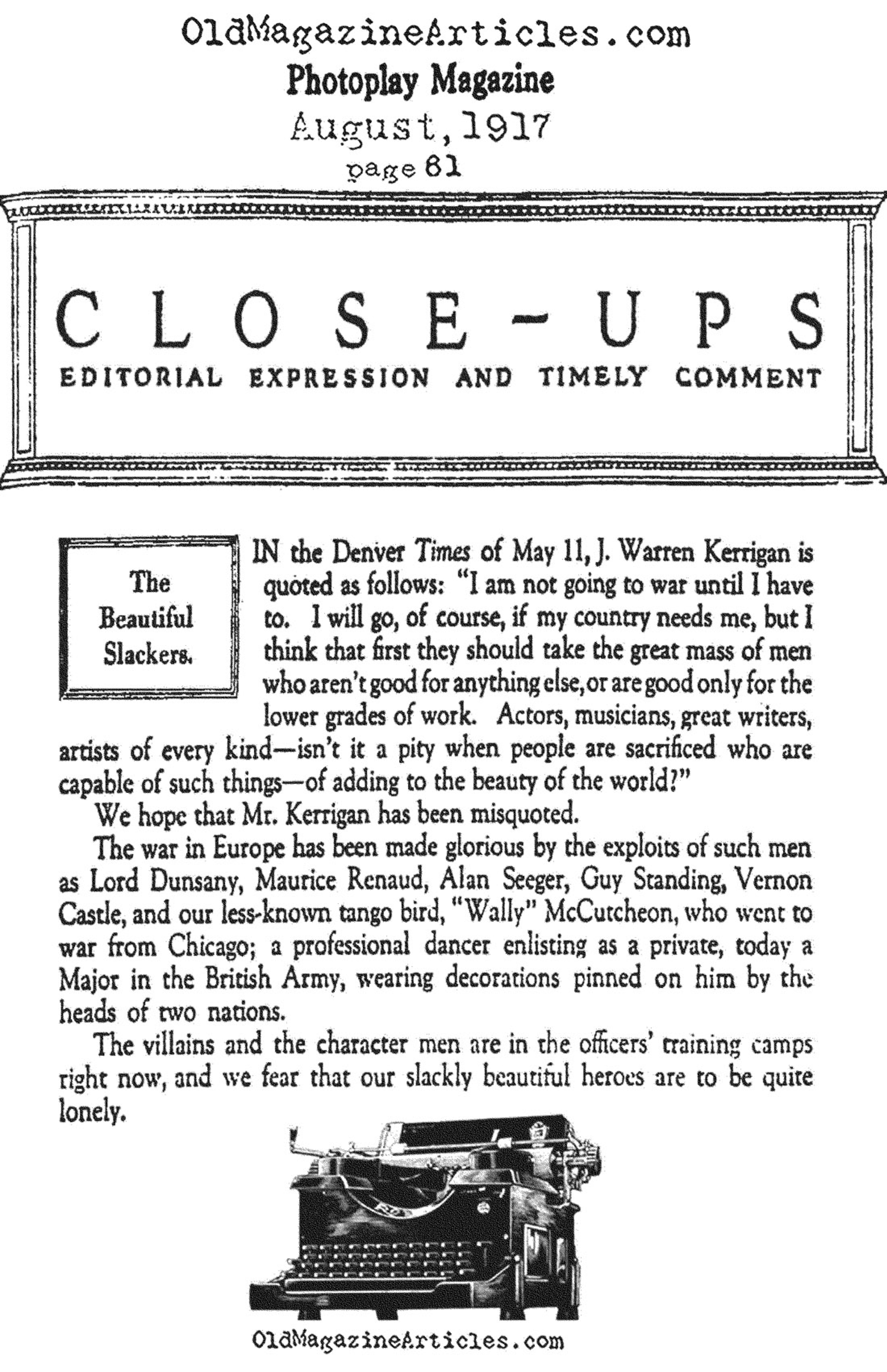 Hollywood Star Condemns the Draft  (Photoplay Magazine, 1917)