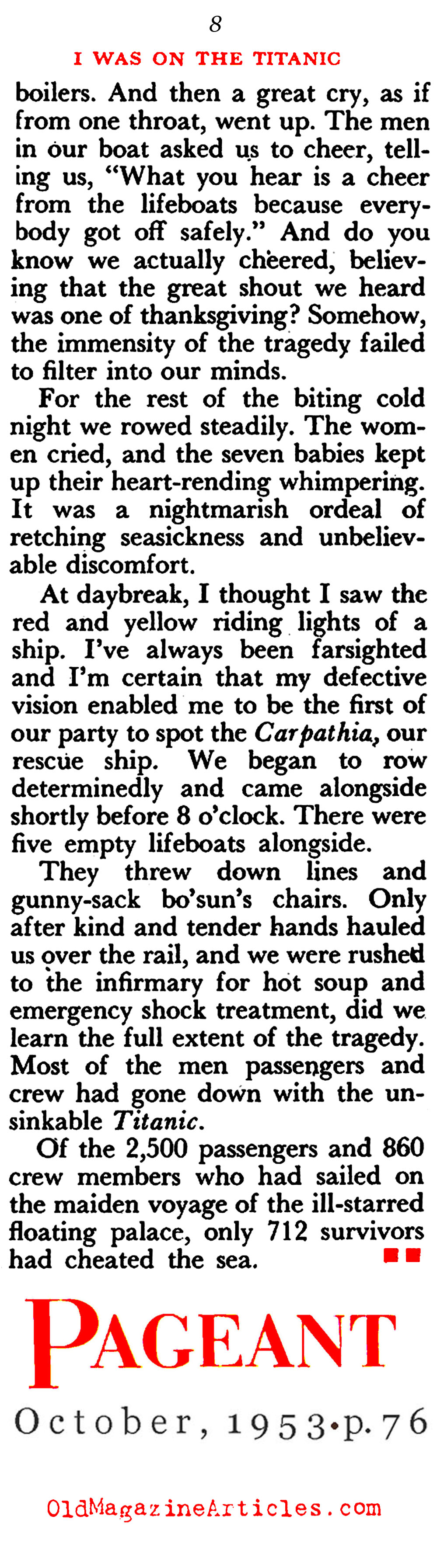 ''I Was On Board <em>Titanic''</em> (Pageant Magazine, 1953)