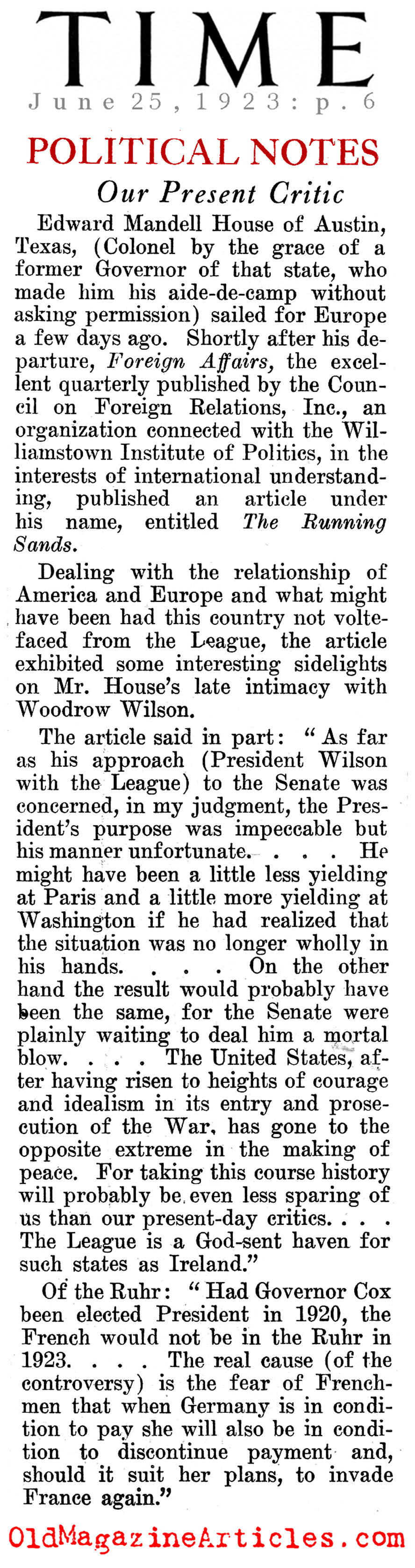 Colonel House: His Right Hand Man (Time Magazine, 1923)