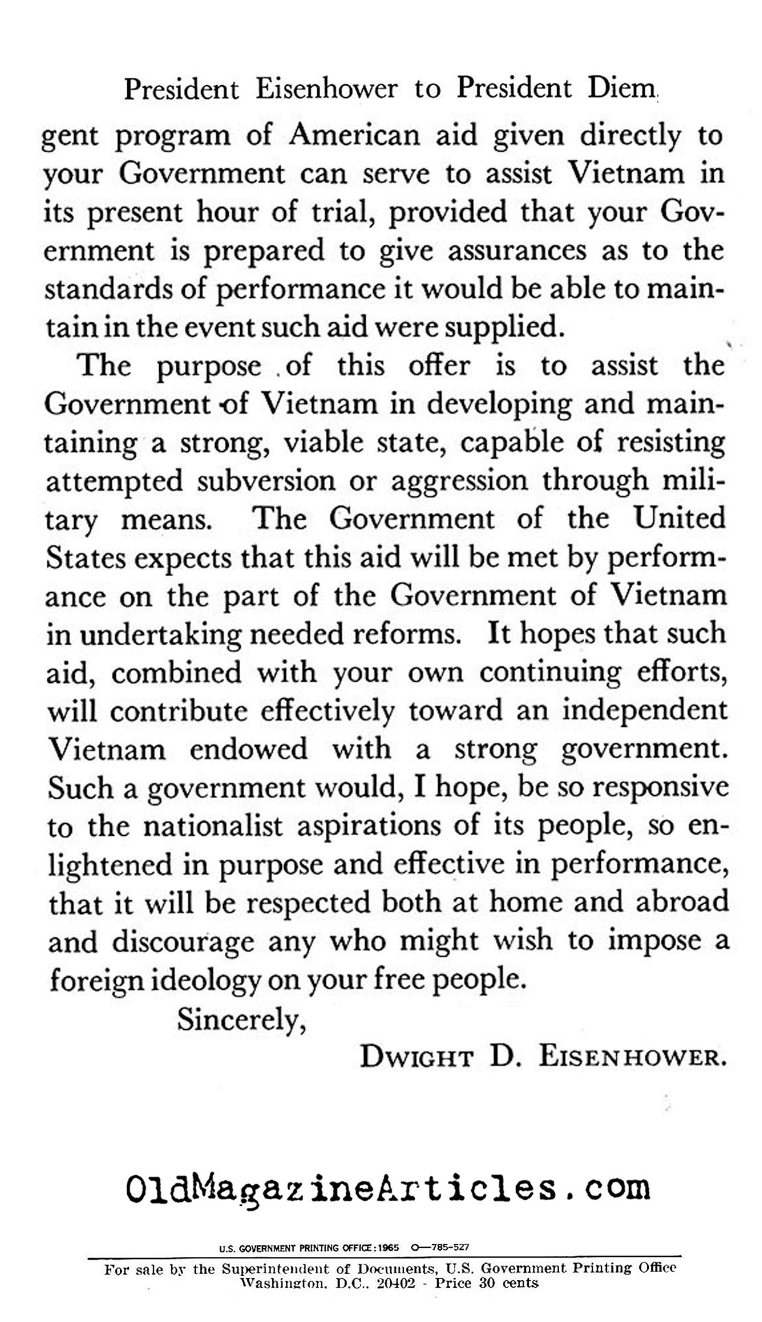 President Eisenhower's Letter to President Diem<BR> (Why Vietnam, 1965)