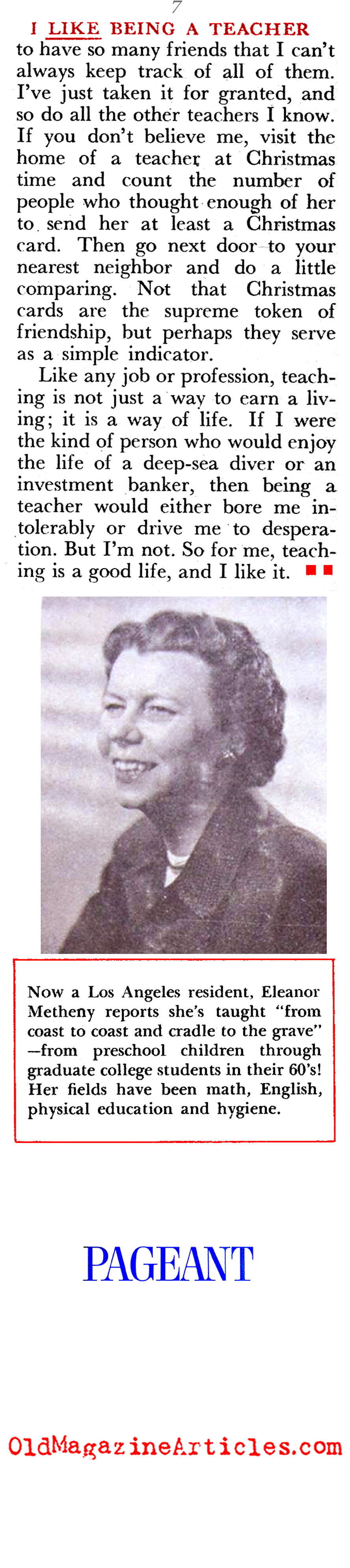 ''I Like Being a Teacher'' (Pageant Magazine, 1952)