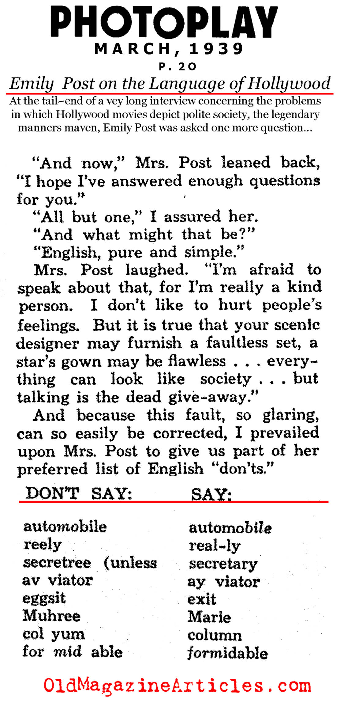 Emily Post on Society Language (Photoplay Magazine, 1939)