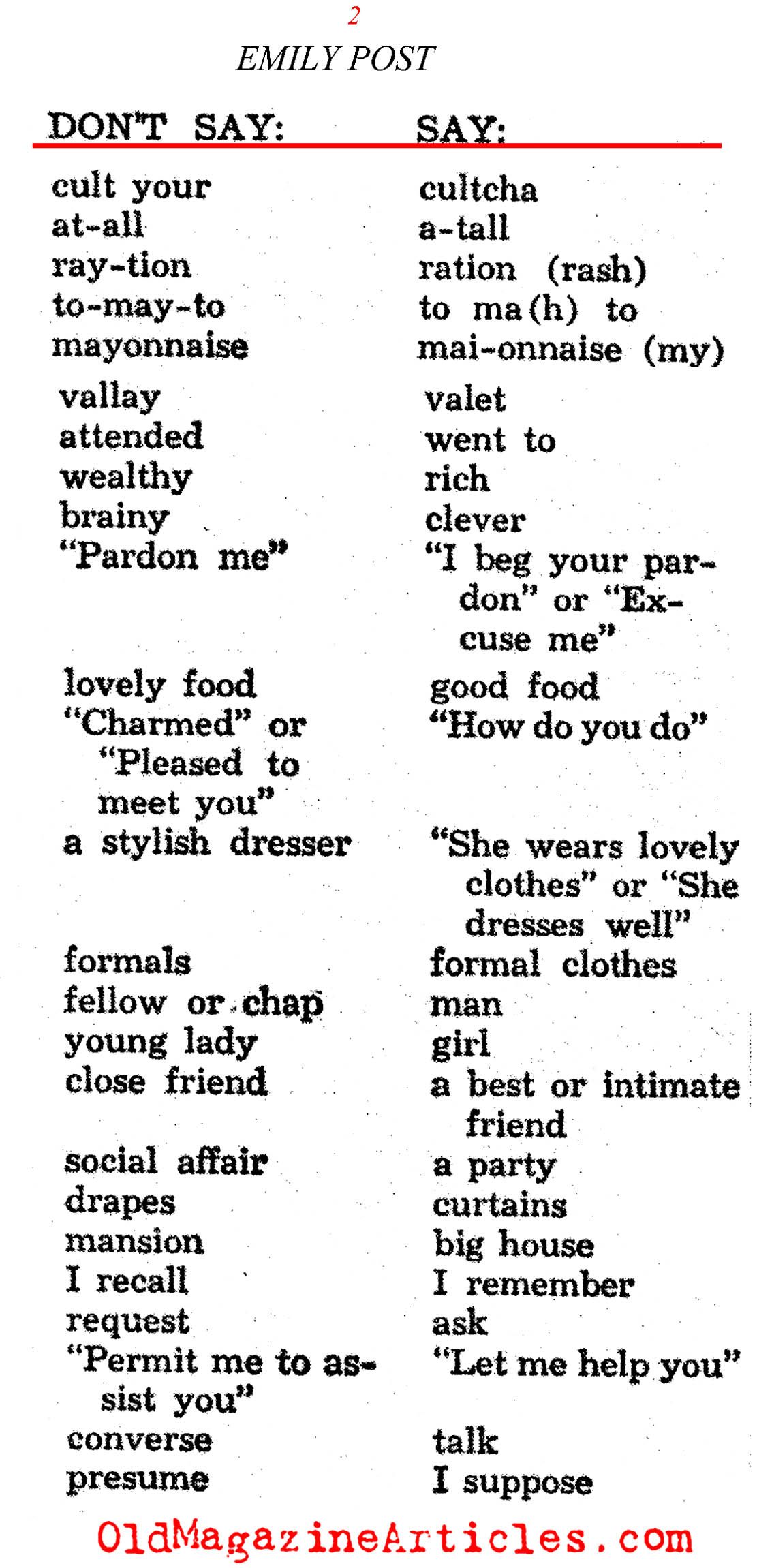 Emily Post on Society Language (Photoplay Magazine, 1939)