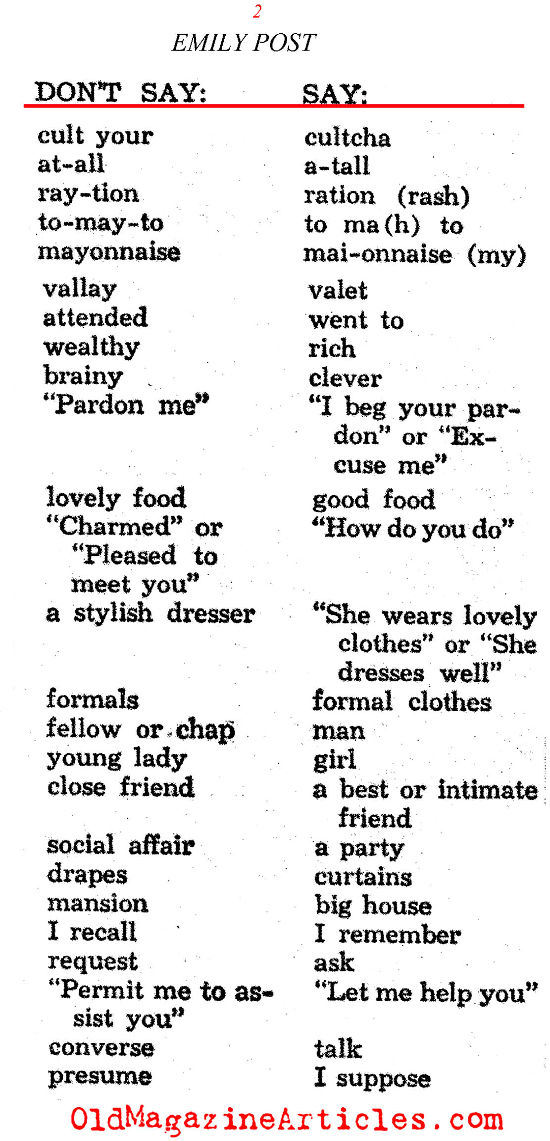 Emily Post on Society Language (Photoplay Magazine, 1939)