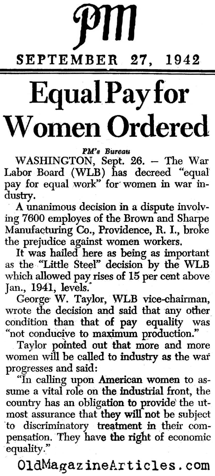 Equal Pay for Equal War Work (PM Tabloid, 1942)